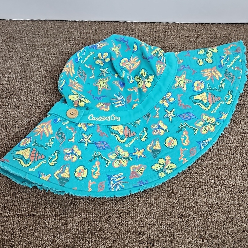 Disney Cruise Line Castaway Cay Adult Sun Hat Teal Oversized Hibiscus Shells